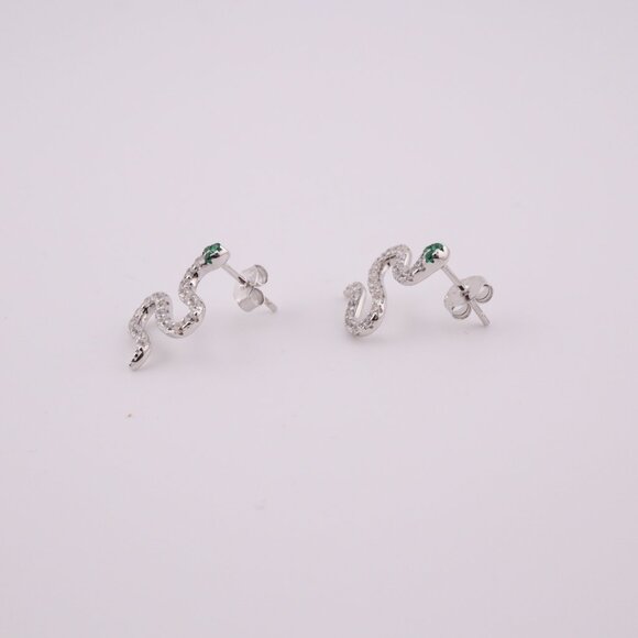 Women's Sterling Silver Snake Stud Earrings – CZ & Green Eyes Fashion Jewelry ** - Picture 11 of 11